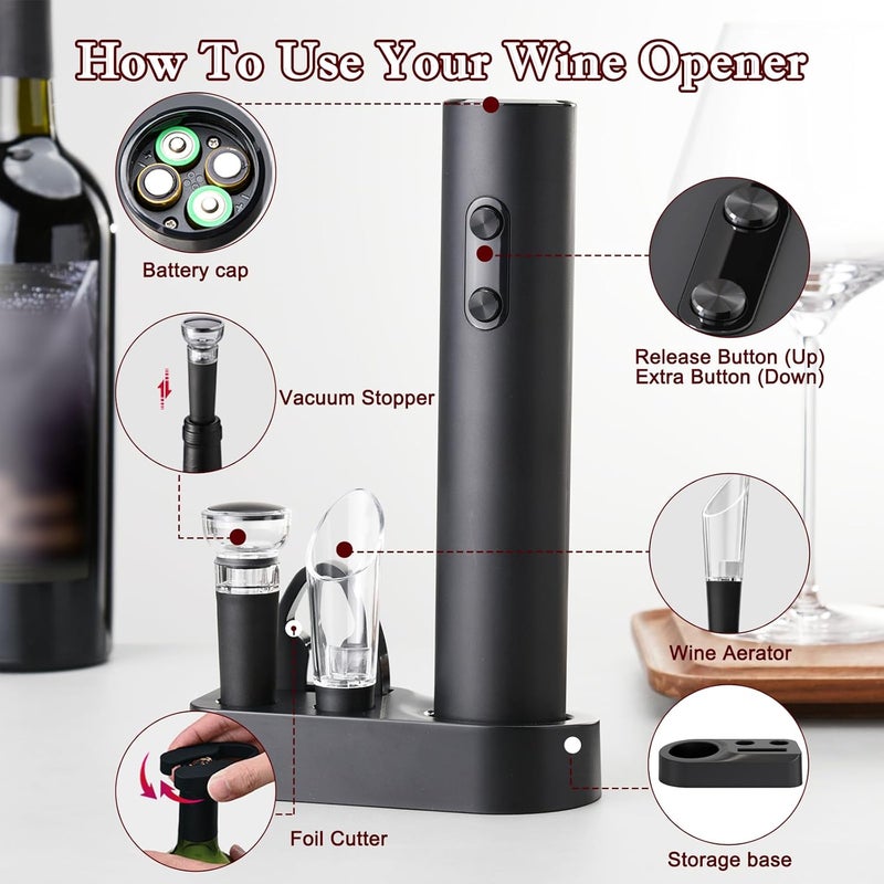 AtomDream Tech Electric Wine Opener Set, Electric Wine Bottle Opener with Storage Base/Wine Aerator Pourer/Foil Cutter/Wine Stopper (Black, Battery Operated, 4 x AA Batteries Not Included) - Image 5